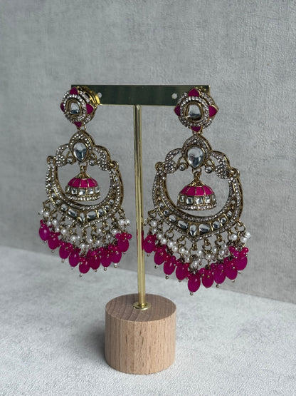 Ayura Designs Reha Earrings – Statement Chandbalis with Hot Pink Beads, Pearls & Mirror-Cut Stones