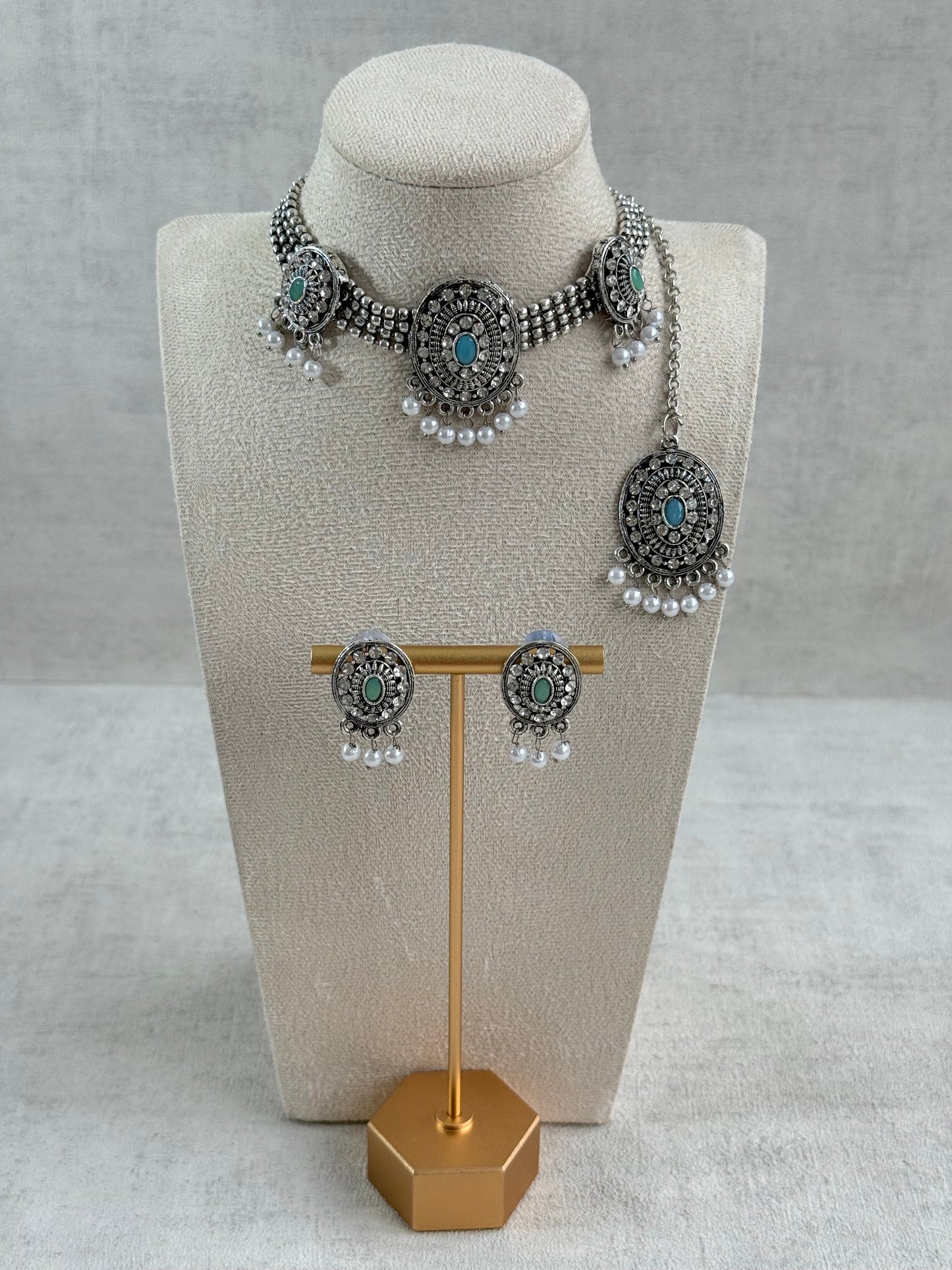 Ayura Designs Gauri Choker Necklace Set with Earrings & Tikka – Mint Green, Turquoise Blue & Crystal Stones with Oxidised Silver Finish