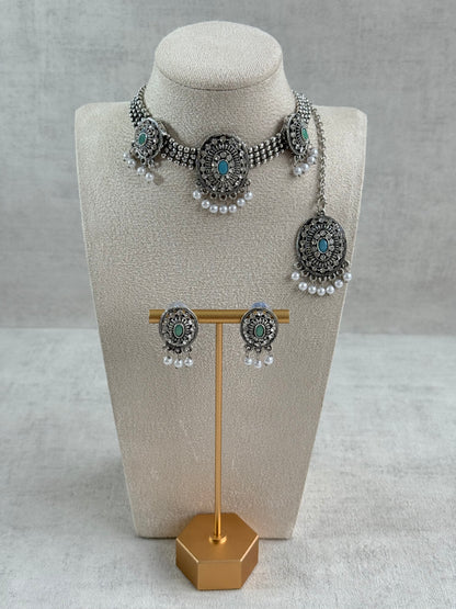 Ayura Designs Gauri Choker Necklace Set with Earrings & Tikka – Mint Green, Turquoise Blue & Crystal Stones with Oxidised Silver Finish