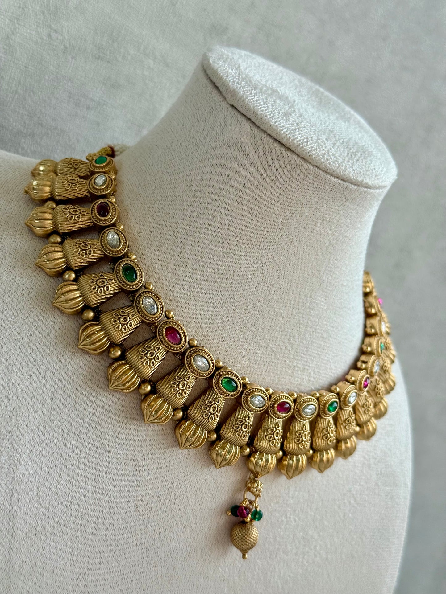 Ayura Designs Aima Necklace Set with Earrings – Antique Gold with Rani Pink & Emerald Green Stones