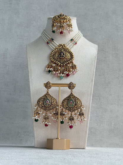 Ayura Designs Afia Necklace Set with Earrings & Tikka – Antique Gold, Multicolour Beads, Green Centre Stone & Peacock Motifs