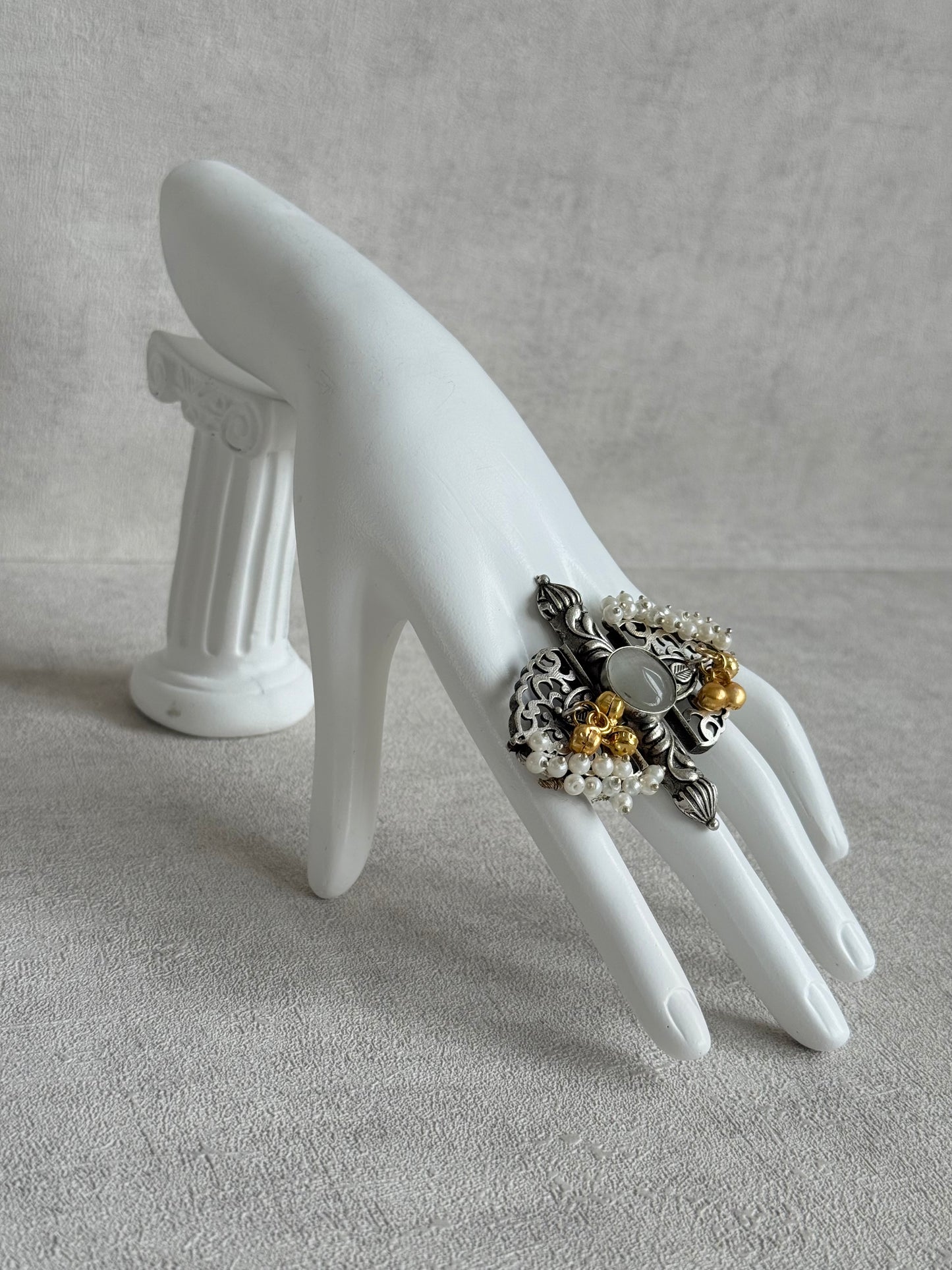 Ayura Designs Arshia Adjustable Ring – Oxidised Statement Ring with Pearl Detailing, Grey Stone & Ghungroo Charms