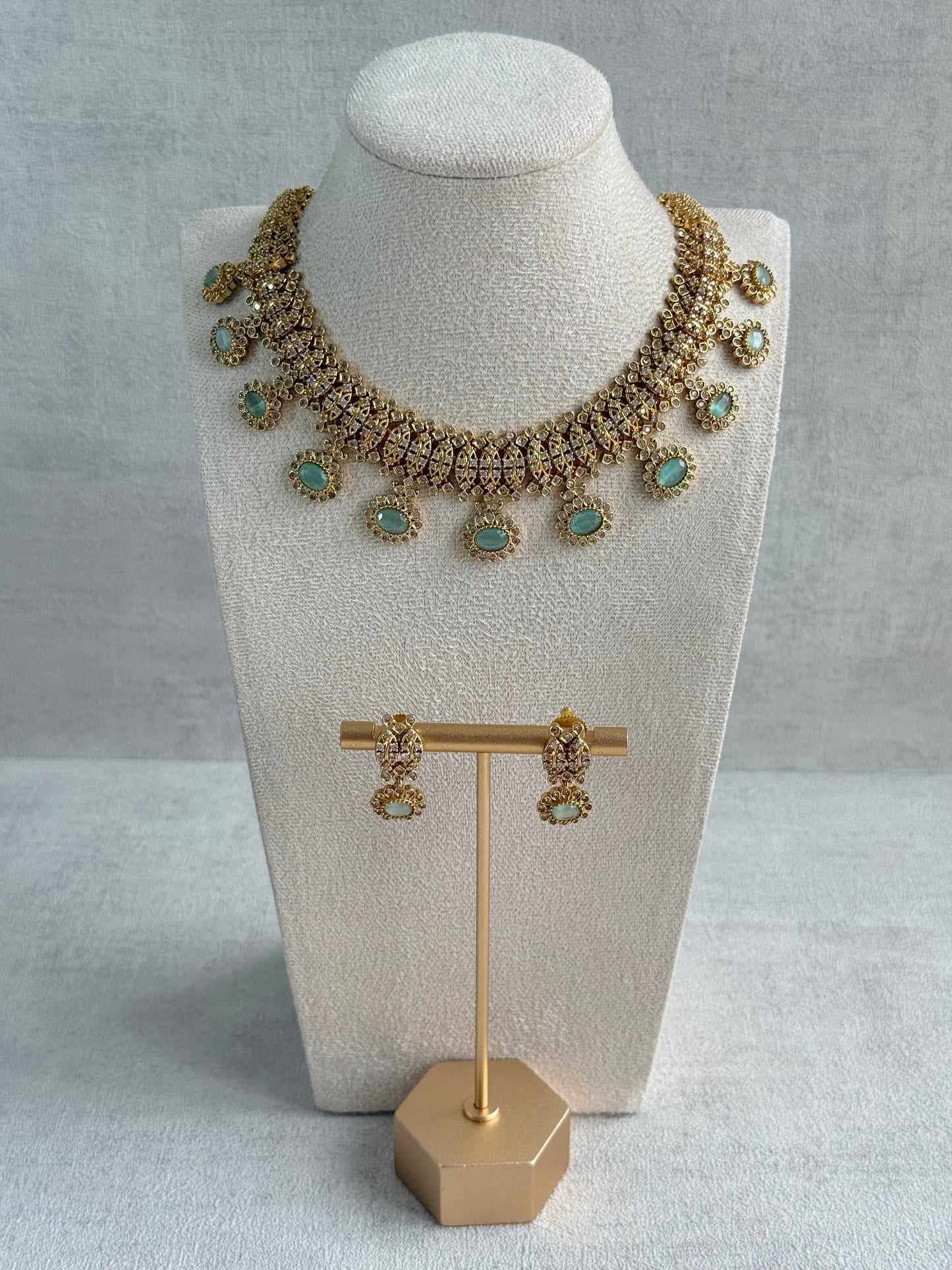 Ayura Designs Elisha Necklace Set with Earrings – Mint Green & Crystal Stone Detailing