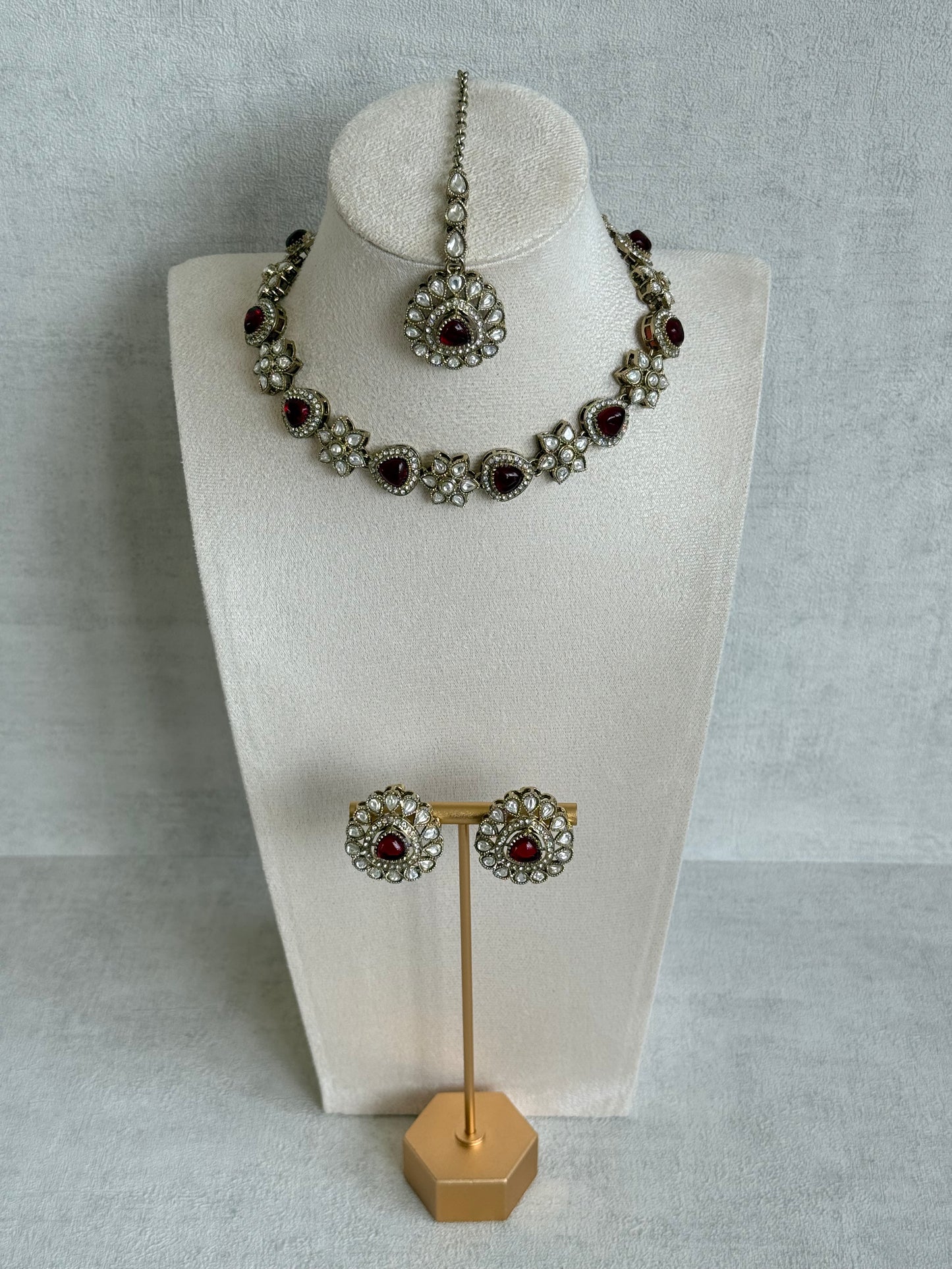 Ayura Designs Ivy Necklace Set with Studs & Tikka – Ruby Red Kundan Detailing