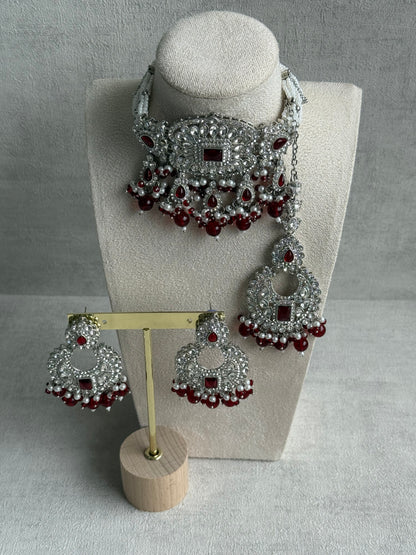 Ayura Designs Nandhini Set – Choker, Earrings & Tikka with Ruby Red Stones, Pearls & Silver Finish