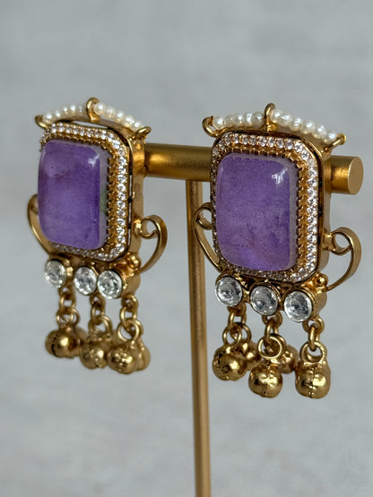 Ayura Designs Aleena Earrings – Lilac Stone Stud Earrings with Pearls & Ghungroo Detailing