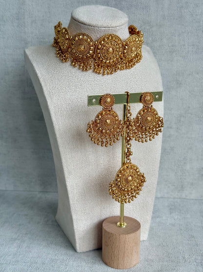 Ayura Designs Nawab Set – Antique Gold Choker, Jhumkis & Tikka with Filigree Medallions