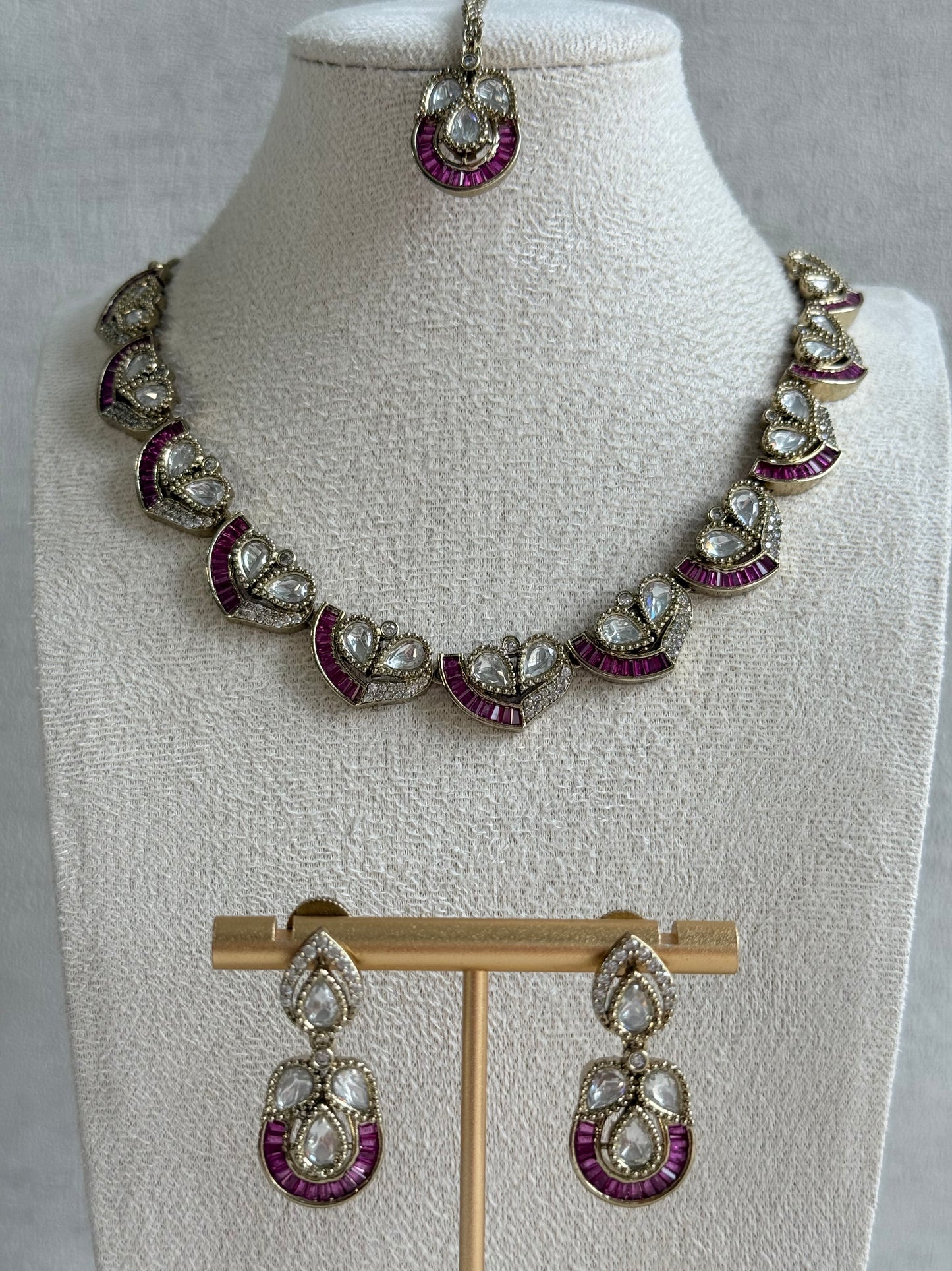 Ayura Designs Katalina Necklace Set with Earrings & Tikka – Rani Pink Stones, Crystals & Antique Gold Finish
