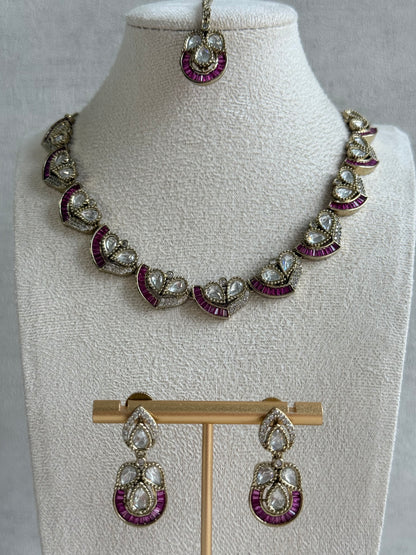 Ayura Designs Katalina Necklace Set with Earrings & Tikka – Rani Pink Stones, Crystals & Antique Gold Finish
