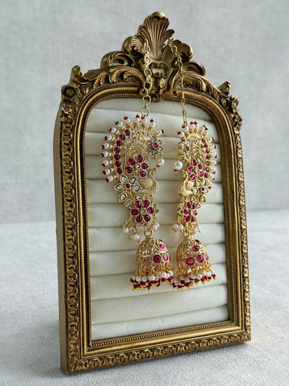 Ayura Designs Nitya Kaanphool Jhumkis – Gold Peacock Motifs, Pink Kundan & Pearl Drops with Attached Sahare