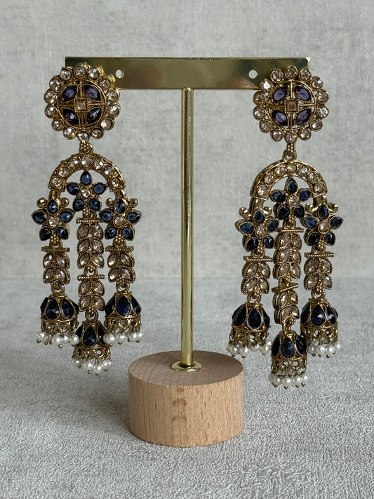 Ayura Designs Soraya Earrings – Ink Blue Stones, Champagne Crystals, Pearl Detailing & Gold Finish