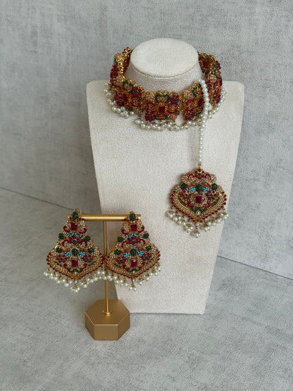 Ayura Designs Mahnoor Navratan Choker Set with Earrings & Tikka – Antique Gold Finish, Multicolour Enamel & Pearl Detailing