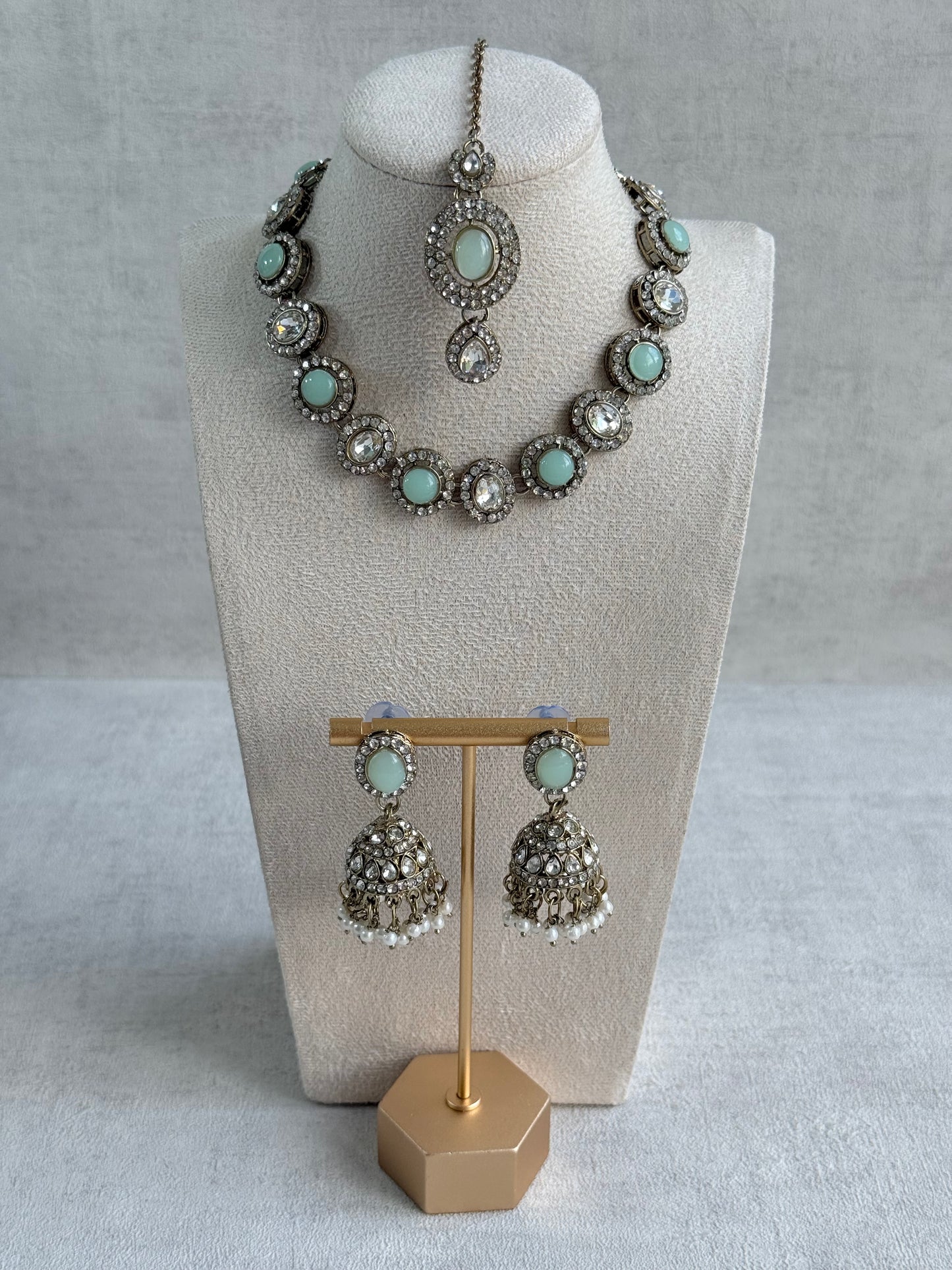 Ayura Designs Eira Necklace Set with Earrings & Tikka – Mint Green & Crystal Stones with Antique Gold Finish