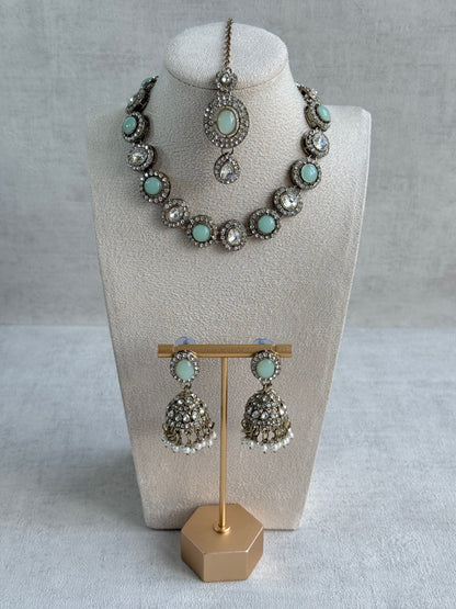 Ayura Designs Eira Necklace Set with Earrings & Tikka – Mint Green & Crystal Stones with Antique Gold Finish