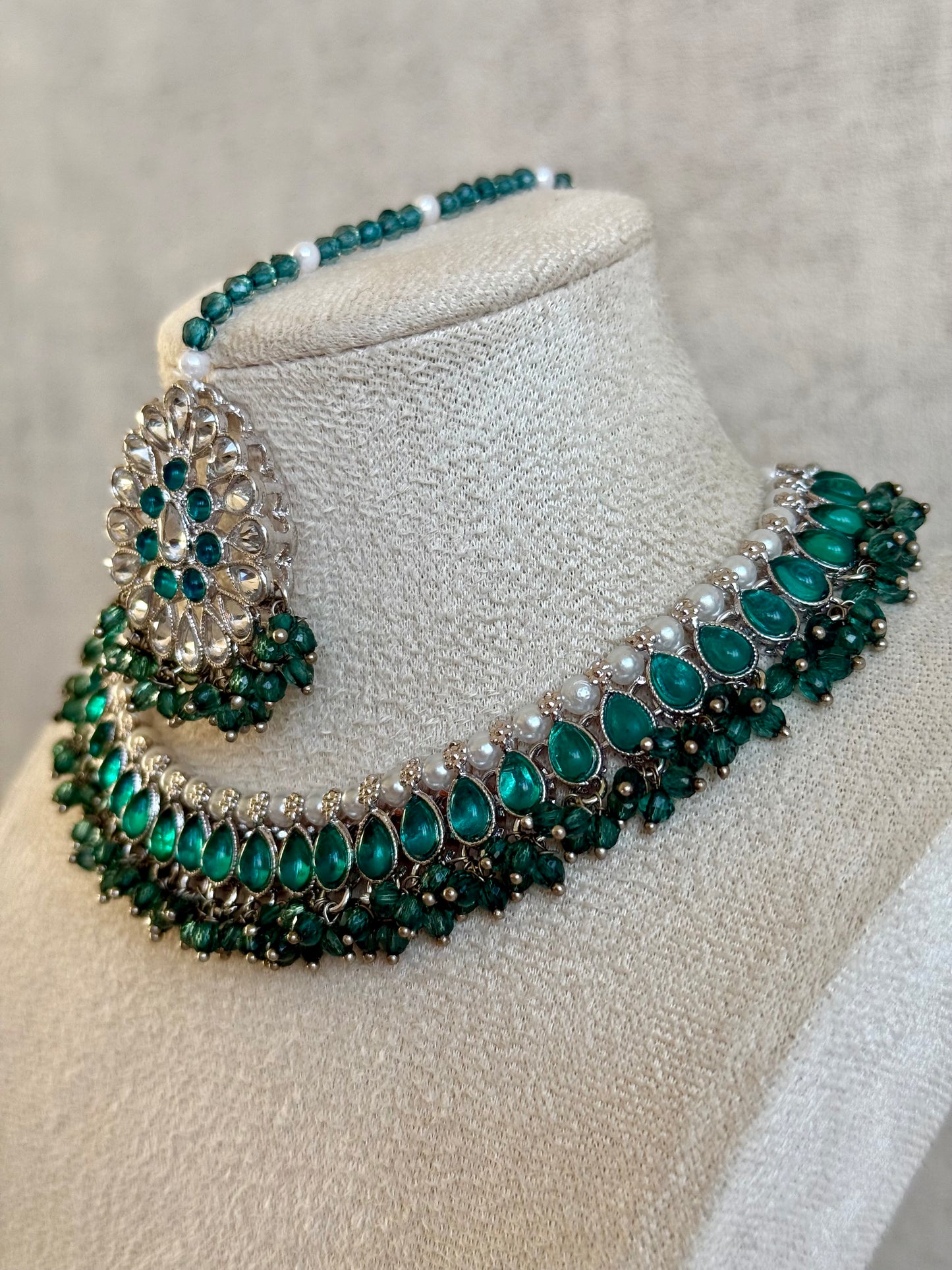 Ayura Designs Saima Set – Necklace, Jhumkis & Tikka in Peacock Green with Silver Finish