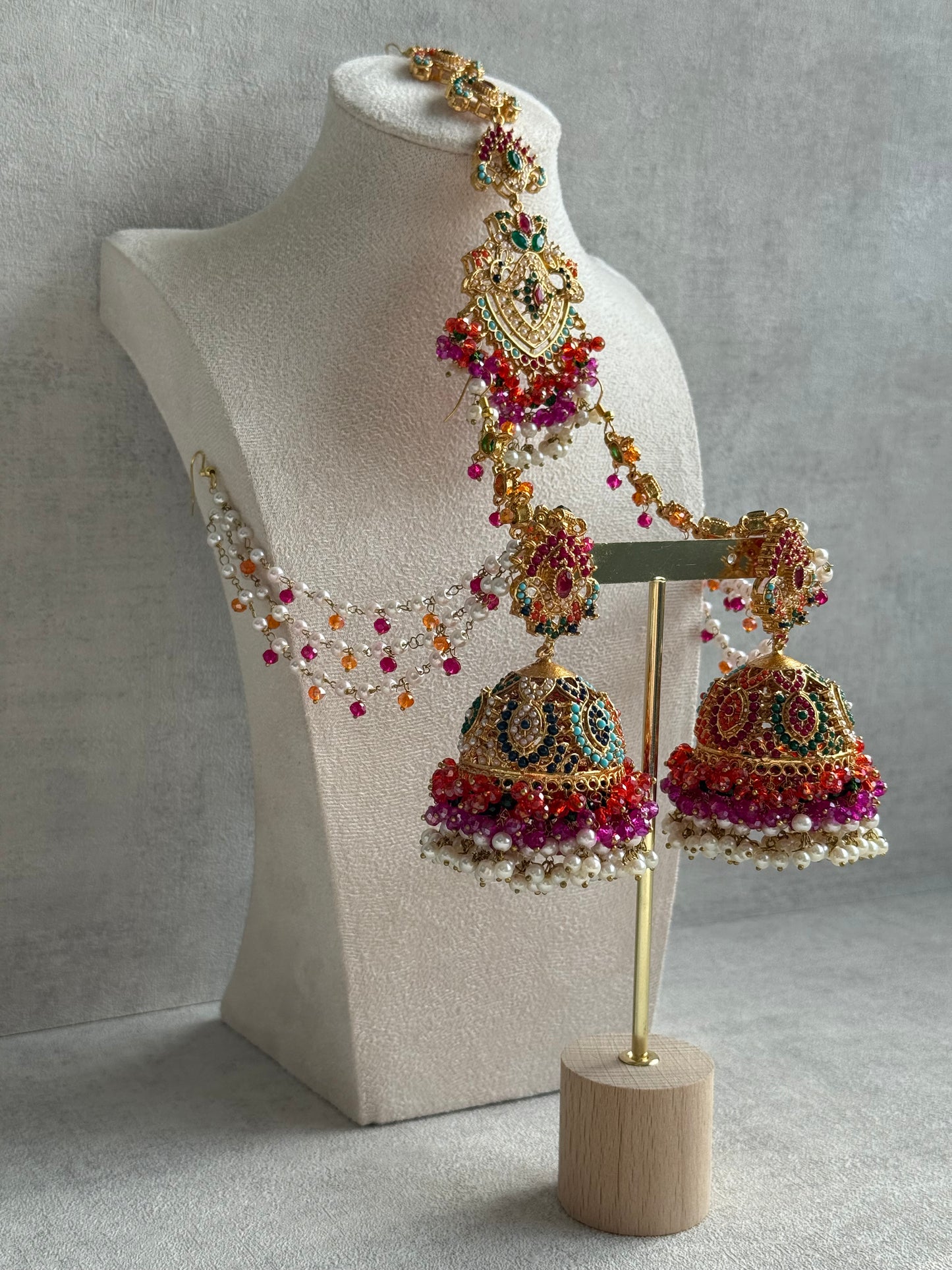 Ayura Designs Safia Tikka Set with Sahare Earrings – Multicolour (Orange, Pink & Ivory Beads)