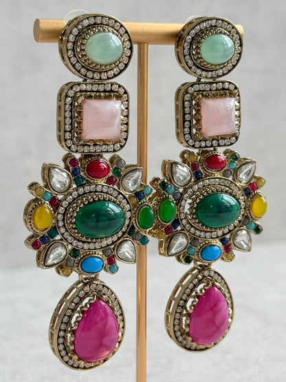 Ayura Designs Jeenat Earrings – Multicolour Stones, Crystal Detailing & Rani Pink Teardrops