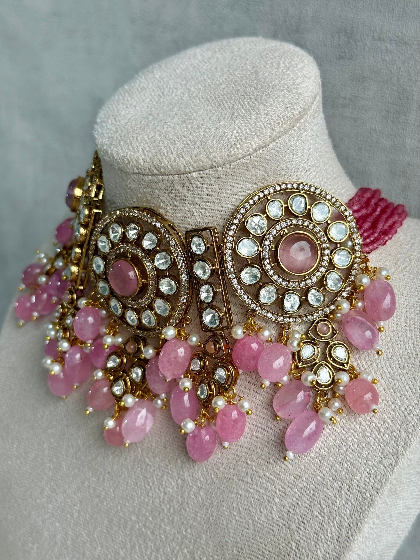 Ayura Designs Harper Set – Antique Gold Choker & Earrings with Blush Pink Beads, Kundan Stones & Pearl Detailing