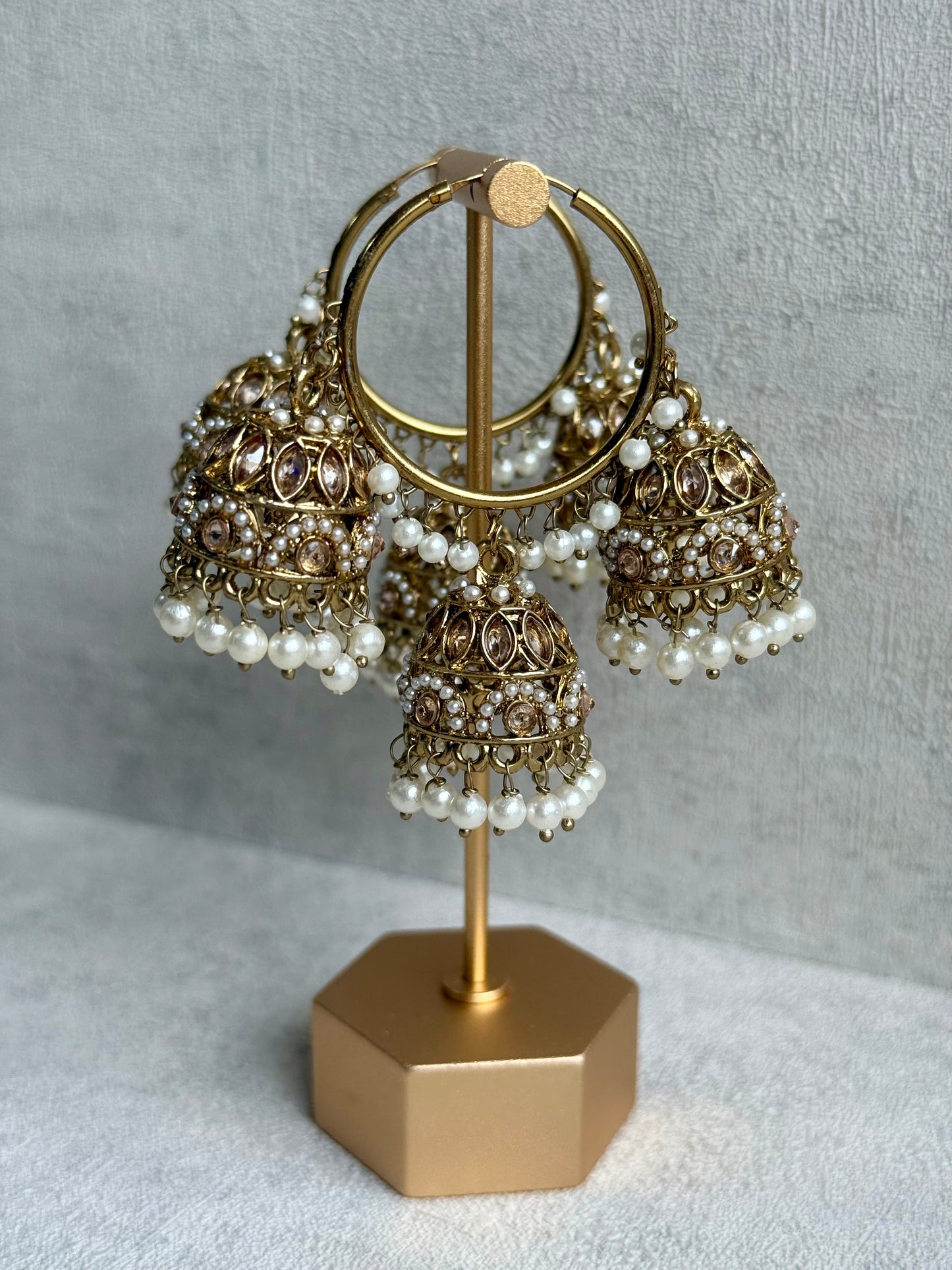 Ayura Designs Nakhra Balis – Ivory Triple Dome Earrings with Pearl Clusters & Mirror-Cut Detailing