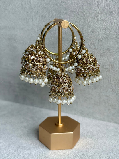 Ayura Designs Nakhra Balis – Ivory Triple Dome Earrings with Pearl Clusters & Mirror-Cut Detailing