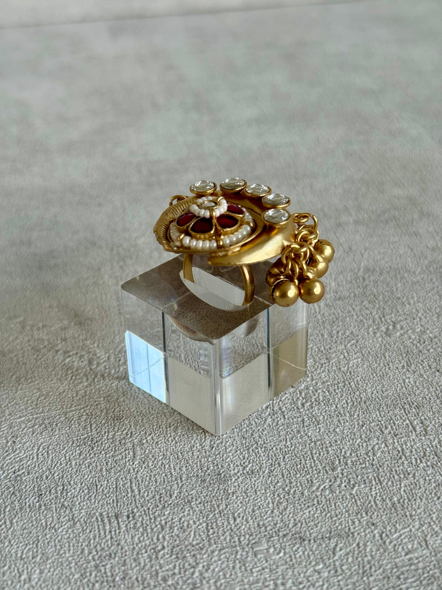 Ayura Designs Sochi Ring – Adjustable Antique Gold Ring with Hot Pink Meenakari, Mirror-Cut Stones & Ghungroo Detailing