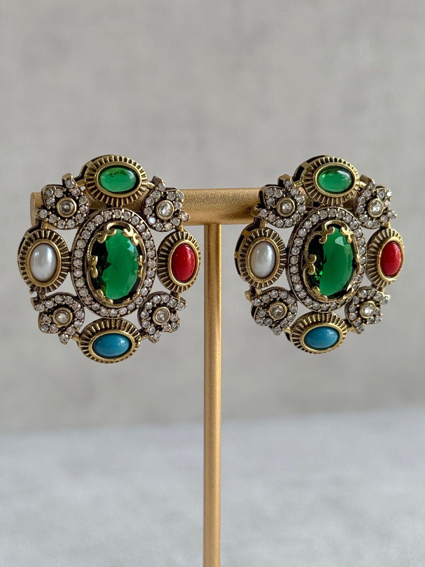 Ayura Designs Celia Stud Earrings – Emerald Green & Multicolour Stones with Gold Finish