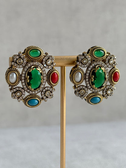 Ayura Designs Celia Stud Earrings – Emerald Green & Multicolour Stones with Gold Finish