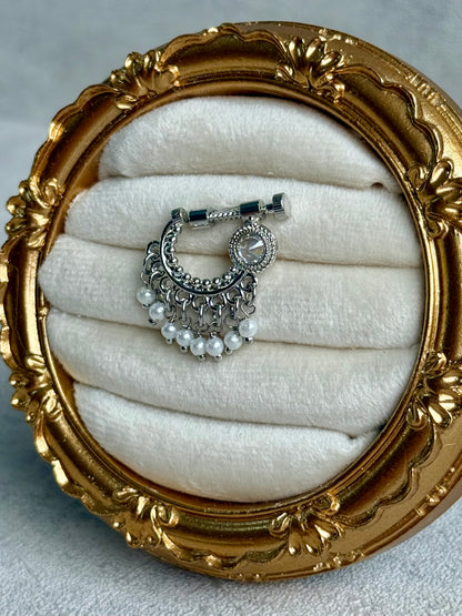 Ayura Designs Jalwa Nose Ring – Silver Finish with Mirror-Cut Stone & Pearl Fringe
