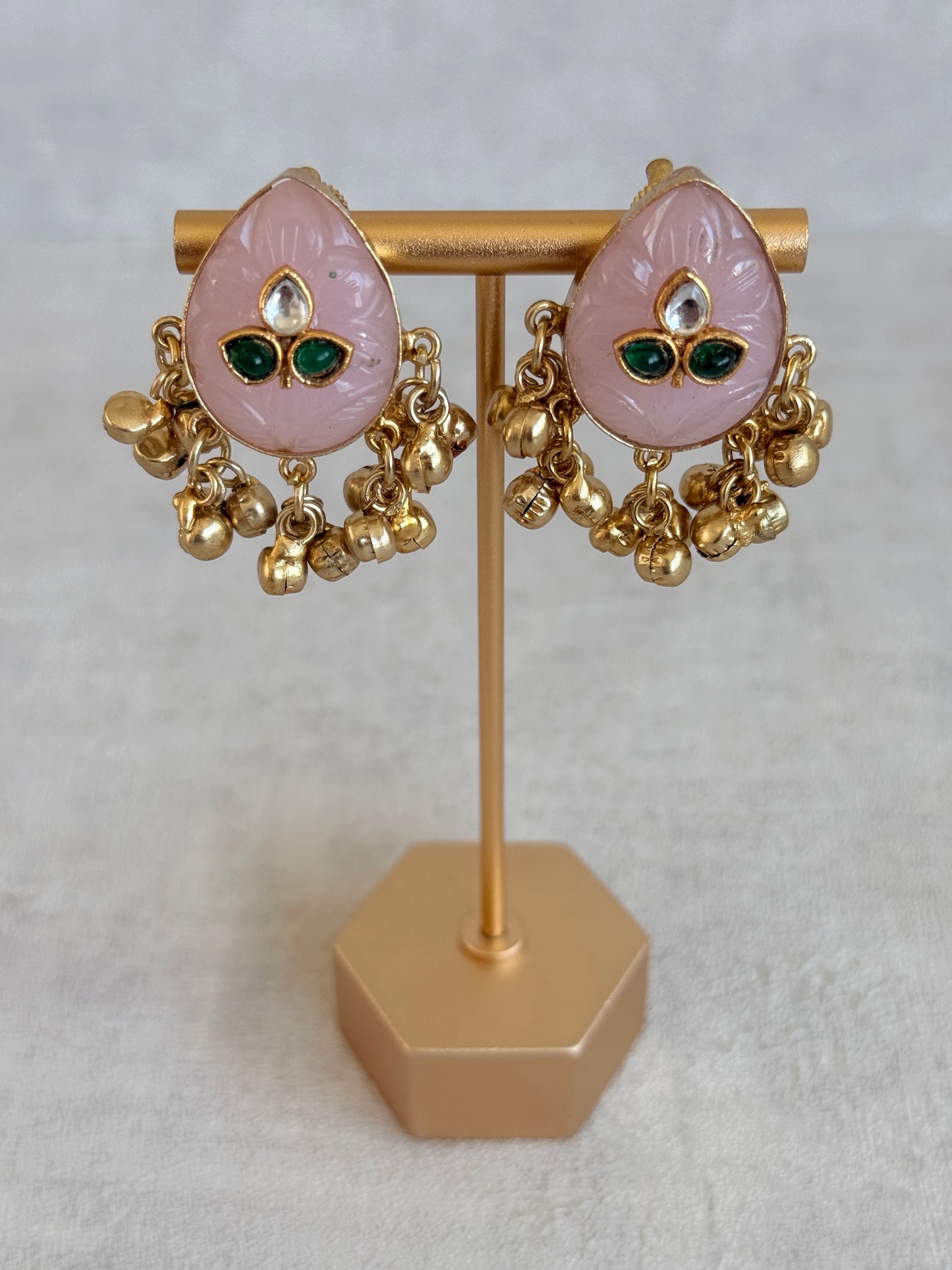 Ayura Designs Aykai Earrings – Baby Pink Carved Teardrop Stud Earrings with Clear Kundan Stones and Gold Ghungroo Drops