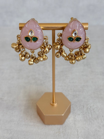Ayura Designs Aykai Earrings – Baby Pink Carved Teardrop Stud Earrings with Clear Kundan Stones and Gold Ghungroo Drops