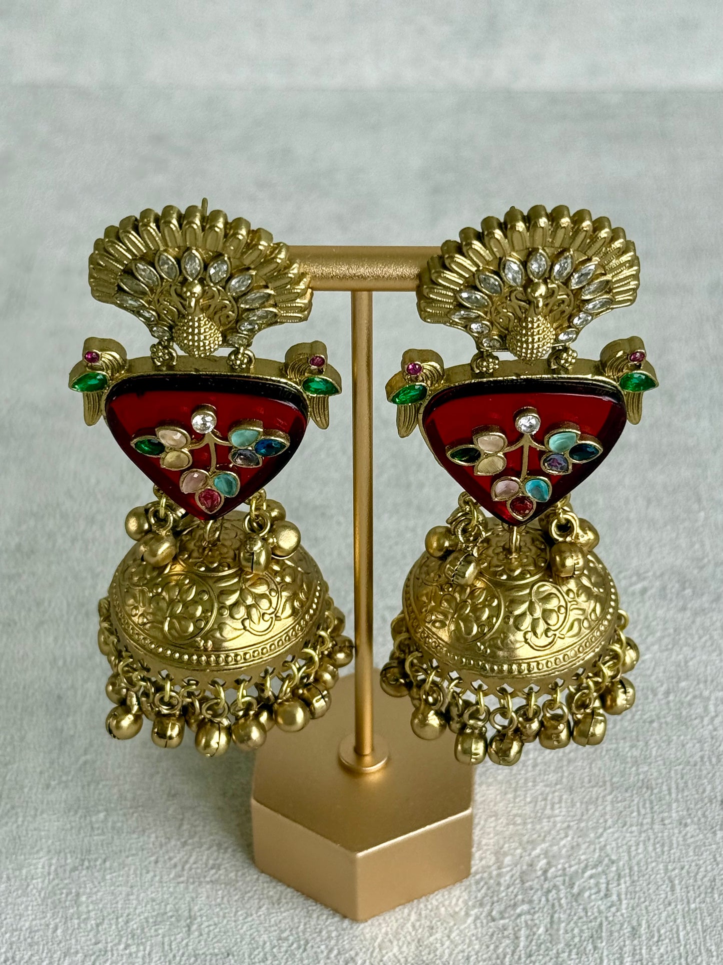 Ayura Designs Makali Earrings – Crimson Red Enamel with Multicolour Stones & Antique Gold Jhumkis