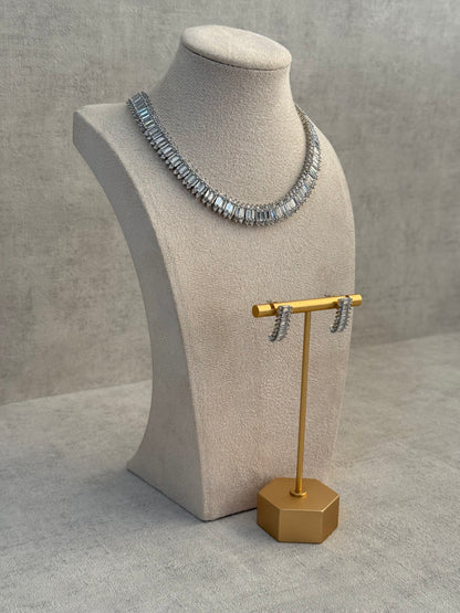 Ayura Designs Isadora Set with Necklace & Stud Earrings – Silver Finish with Baguette-Cut Crystals
