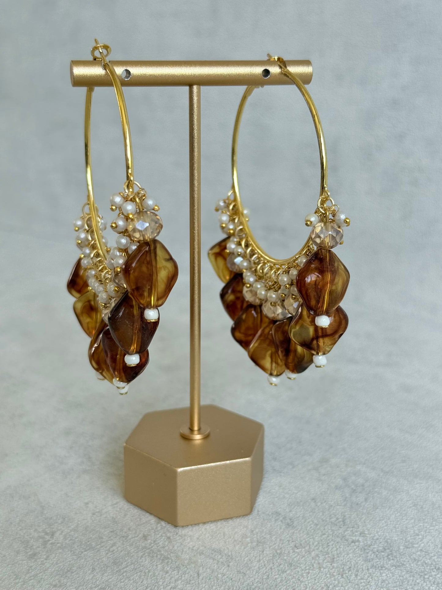 Ayura Designs Heer Balis – Gold Hoops with Smokey Amber Marble Beads, Pearls & Crystal Detailing