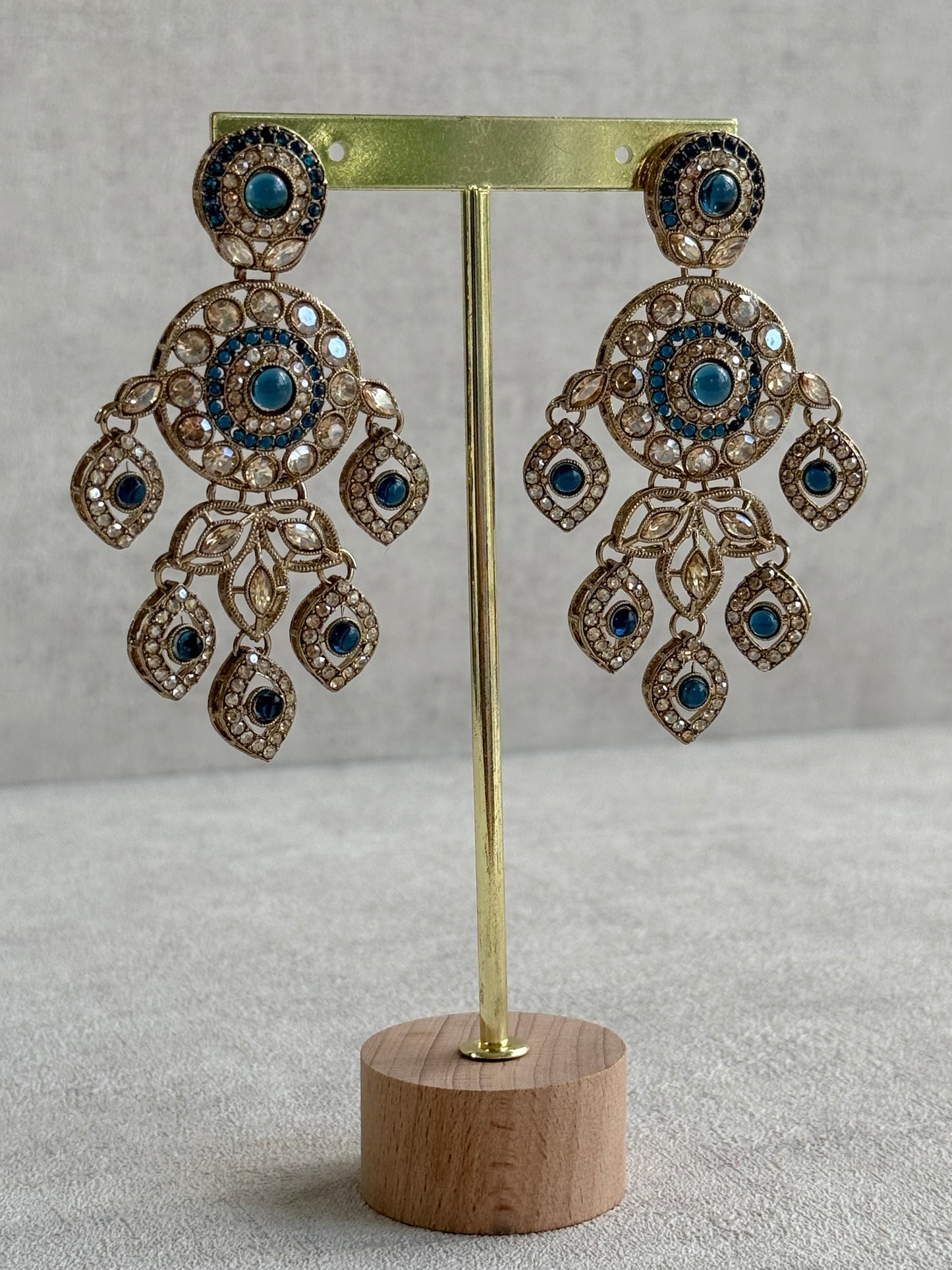 Ayura Designs Vanika Earrings – Sapphire Blue & Champagne Crystal Gold Finish