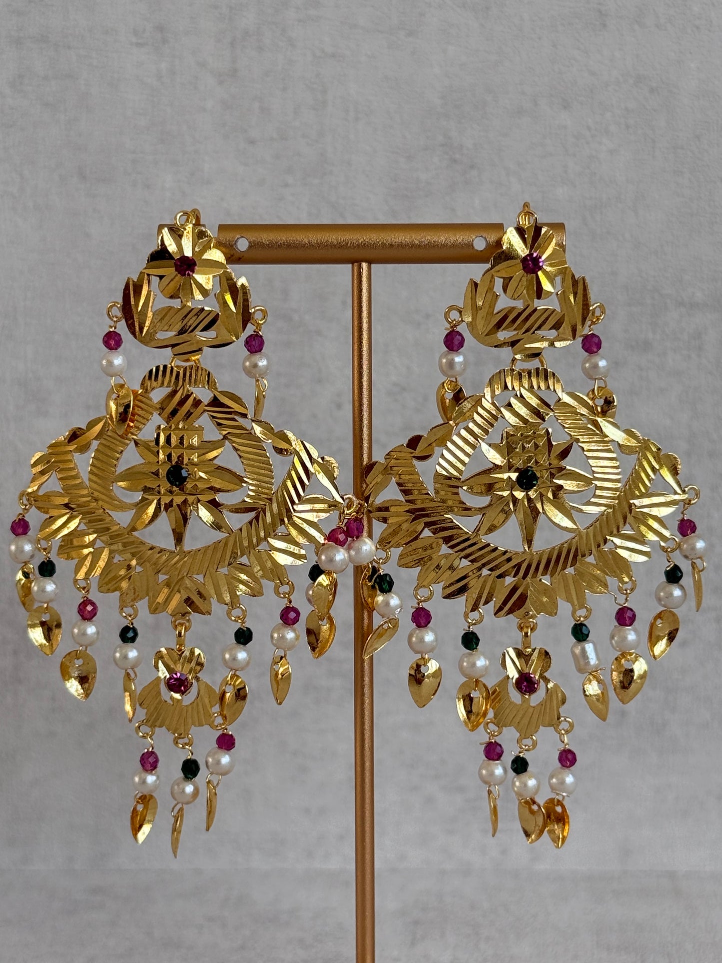 Ayura Designs Baisakhi Set with Earrings & Tikka – Gold Pipal Patti Design with Ruby Pink, Emerald Green & Pearl Detailing