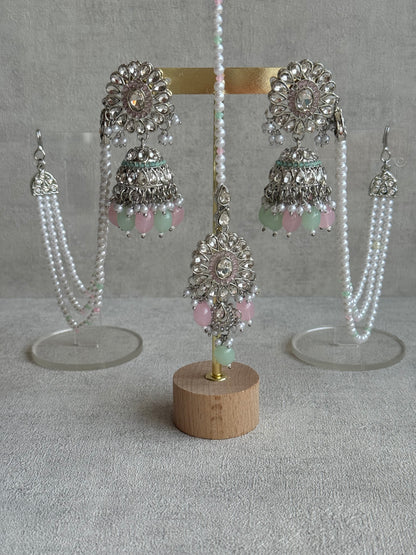 Ayura Designs Nawal Set – Necklace, Jhumkis, Tikka & Detachable Sahare with Mint & Blush Beads, Pearls & Antique Silver Finish