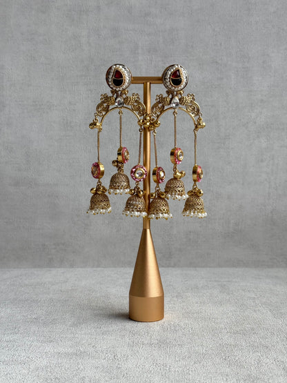 Ayura Designs Arzina Earrings – Triple Jhumki Earrings with Blush Pink Stones, Pearl Borders & Gold Detailing