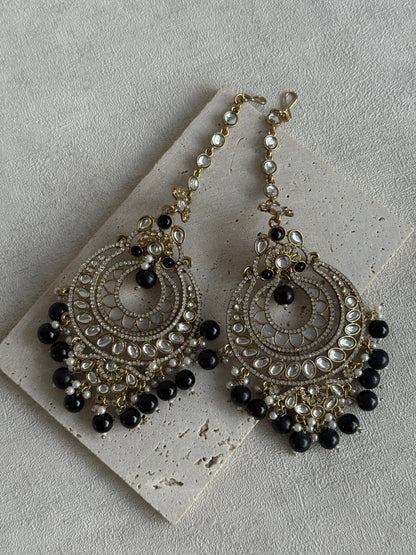 Ayura Designs Rabia Chandbalis – Antique Gold Kundan Earrings with Black Beads, Pearls & Attached Sahare