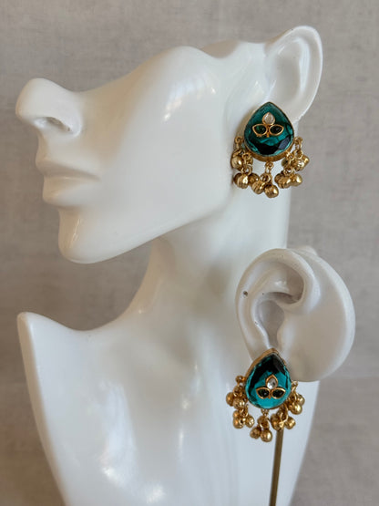 Ayura Designs Aykai Earrings – Teal Carved Teardrop Stud Earrings with Clear Kundan Stones and Gold Ghungroo Drops