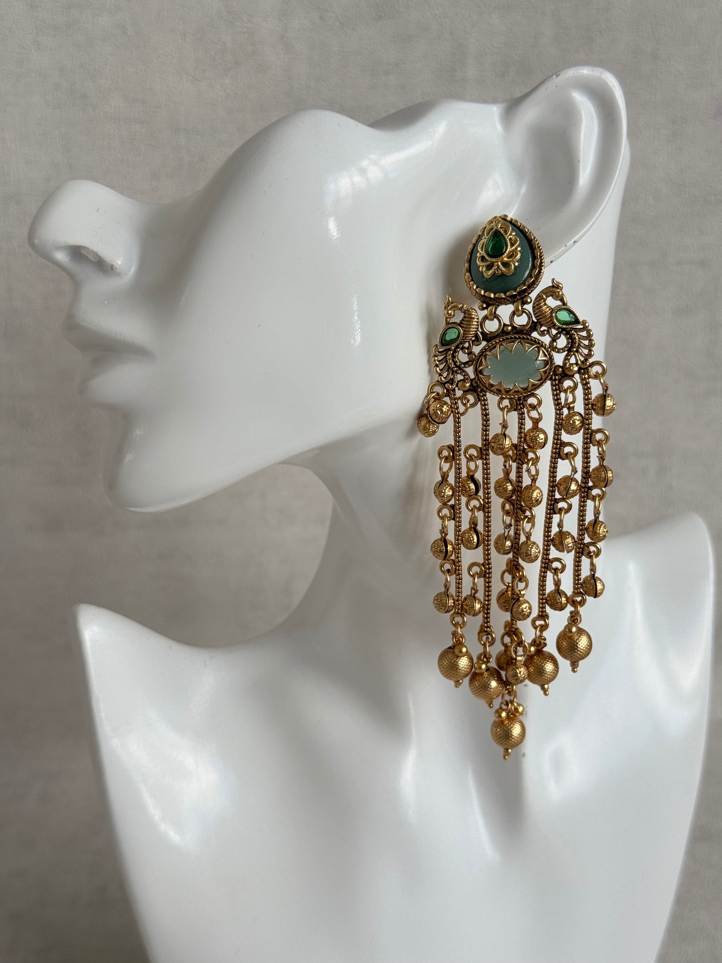 Ayura Designs Pakhi Earrings – Peacock Statement Earrings with Green Stones & Ghungroo Chain Tassels