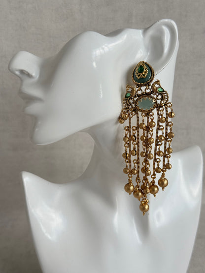 Ayura Designs Pakhi Earrings – Peacock Statement Earrings with Green Stones & Ghungroo Chain Tassels