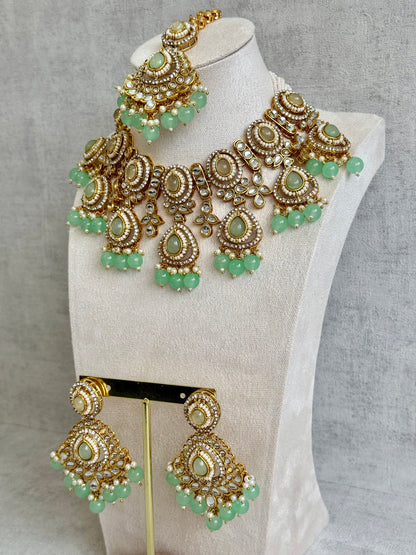 Ayura Designs Janvi Set with Necklace, Earrings & Tikka – Kundan Detailing, Mint Green Beads & Pearls Drops