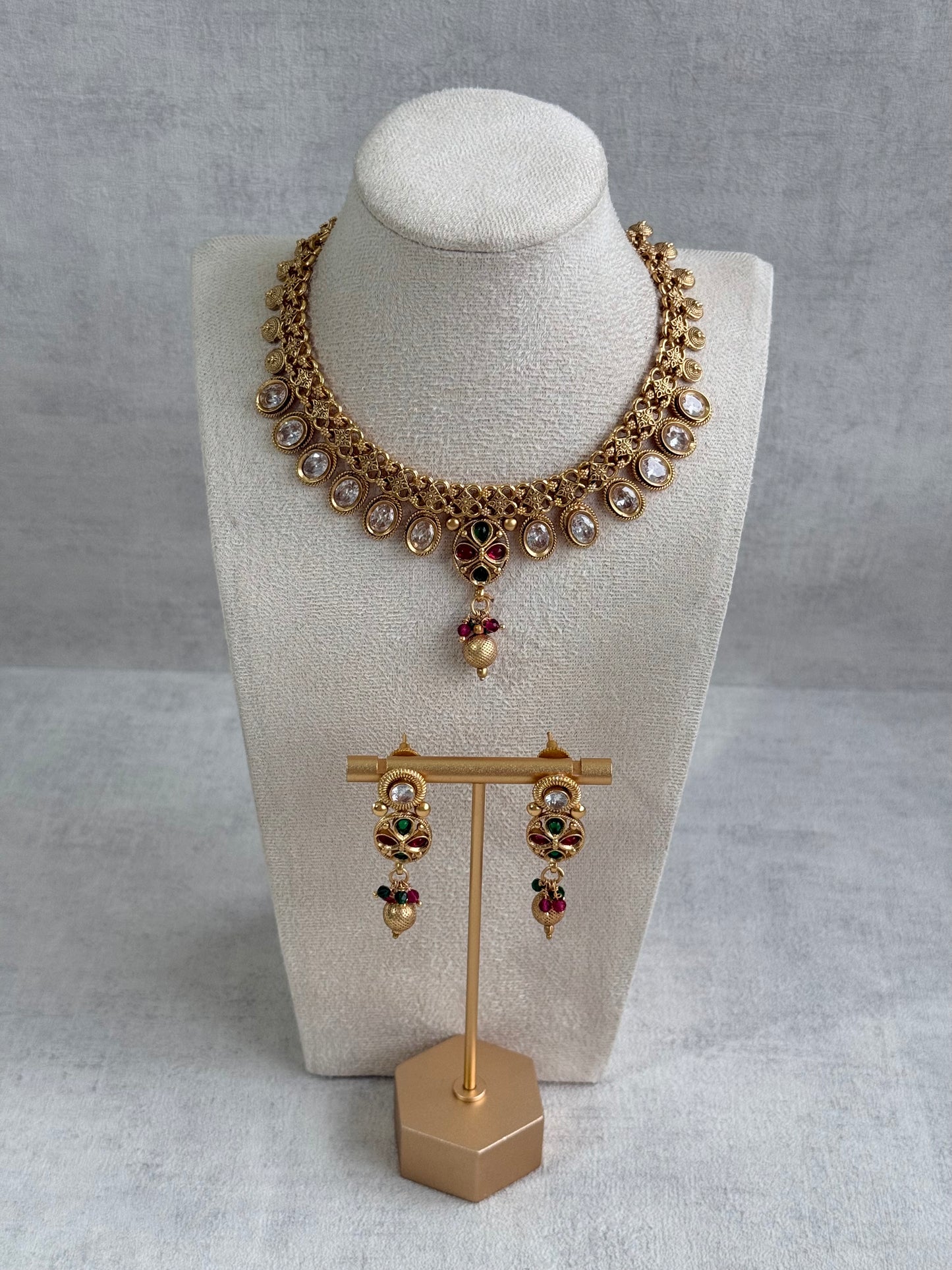 Ayura Designs Perniya Set with Necklace & Earrings – Mirror-Cut Stones with Multicolour Accents in Antique Gold Finish