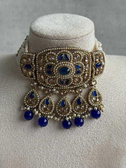 Ayura Designs Zarlish Set – Choker, Earrings & Tikka with Mirror-Cut Stones, Ink Blue Beads & Gold Finish