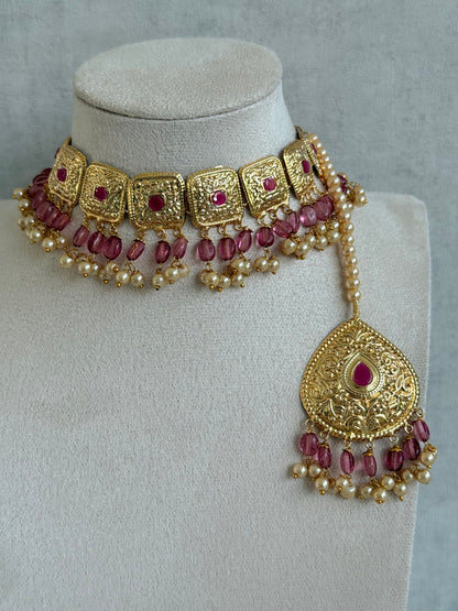Ayura Designs Chetna Choker Set with Earrings & Tikka – Rani Pink Beads, Cream Pearl Drops with Pipal Patti Detailing