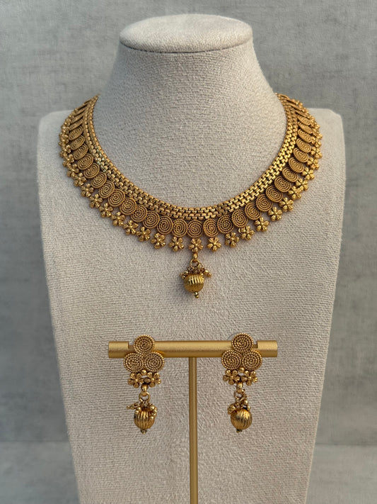 Ayura Designs Purna Set with Necklace & Earrings – Antique Gold Finish, Floral Motifs & Textured Pendant Detail