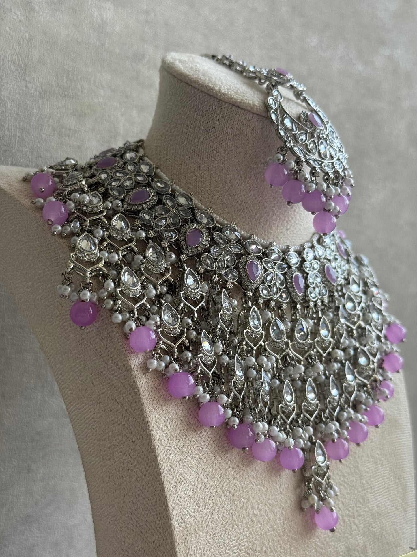 Ayura Designs Eknoor Set – Necklace, Tikka & Earrings with Lavender Beads, Pearls and Silver Finish