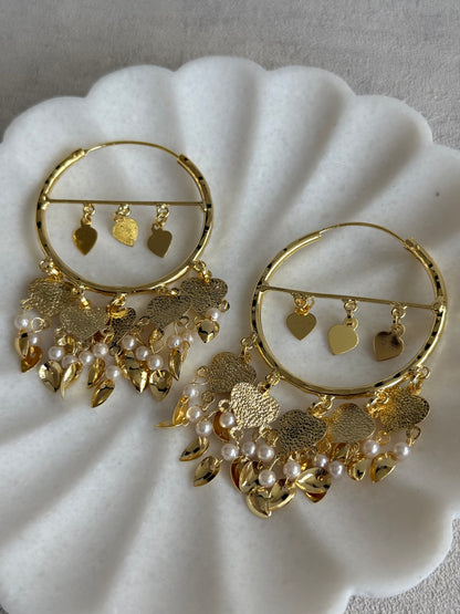 Ayura Designs Dilkash Balis – Gold Pipal Patti Heart Charm Hoop Earrings