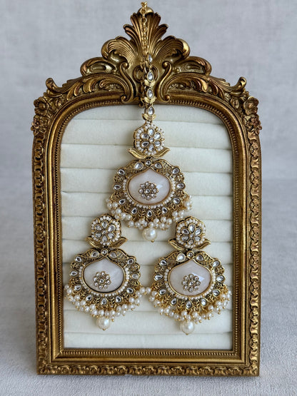 Ayura Designs Asra Tikka Set with Earrings – Ivory Stone, Kundan & Pearl Detailing