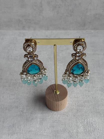Ayura Designs Nageen Earrings – Antique Gold Jhumkis with Aqua Blue Stones, Mirror-Cut Accents & Pearl Drops